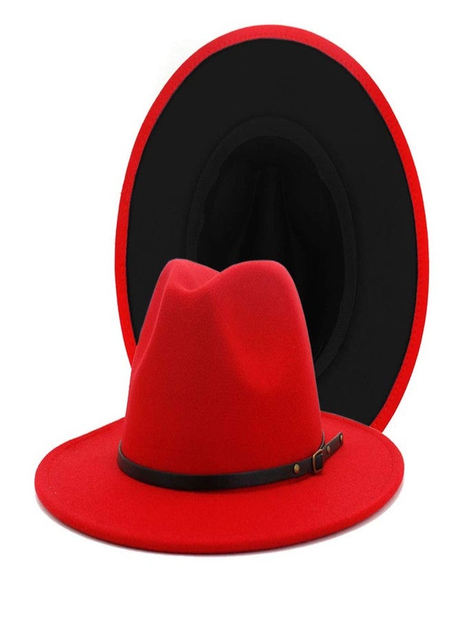 Gossifan Womens Wide Brim Panama Hat Patchwork Colors Classic Buckle Fedora Red/Black - Image 1
